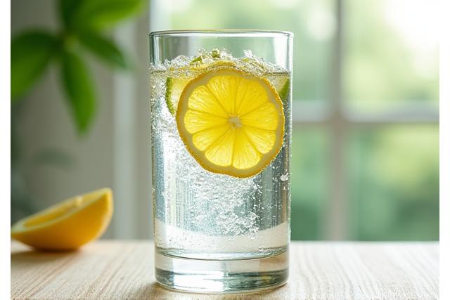 A glass of fresh water with lemon slices, representing hydration.